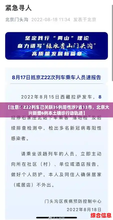 【注意！Z22列车已关联35例阳性涉7省13市，北京大兴新增6例本土确诊行动轨迹】